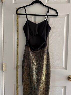 Black and Metallic Gold Sheath Dress with Cutout, midi